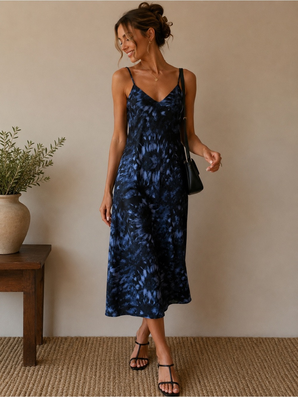 GAP Navy and Light Blue Tie-Dye Slip Midi Dress
